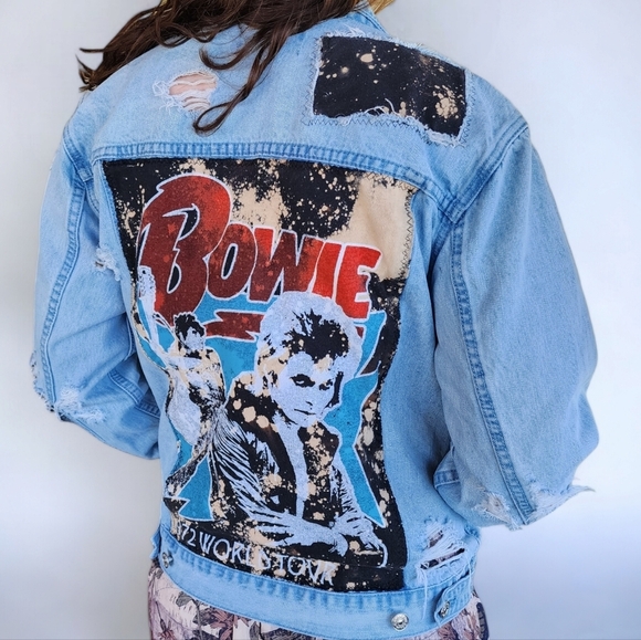 SOLD | Upcycled David Bowie Custom Denim Jean Jacket Distressed Bleached M - Picture 3 of 15